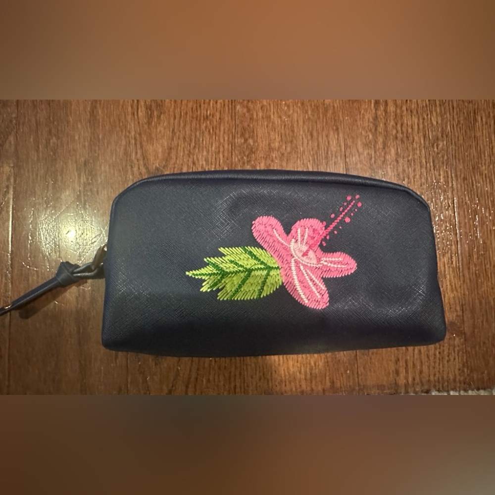 Spartina Navy cosmetic  Bag with Pink Embroidered Hibiscus Accent